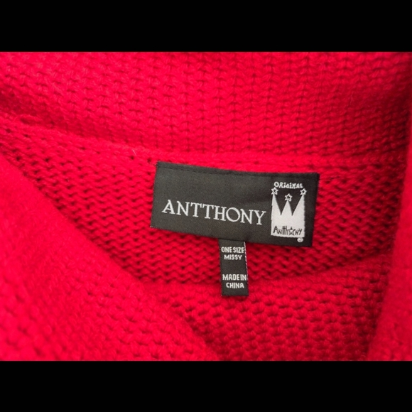 Original Antthony Button Side Fringe Chunky Cowl Neck Red Tight Knit Poncho - Picture 5 of 7